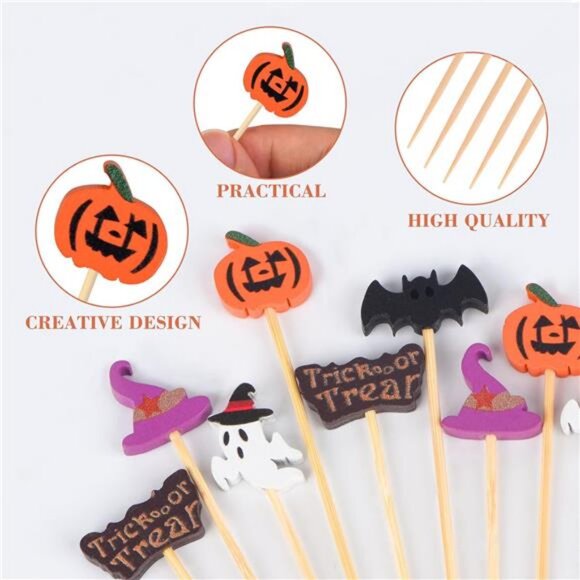 100 Pack Halloween Toothpicks for Appetizers, 4.7 Inch Natural Bamboo - Picture 4 of 7